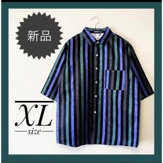 【ユニセックス】ストライプシャツ　オーバーサイズ　XL 青　ネイビー　半袖　縦(シャツ)