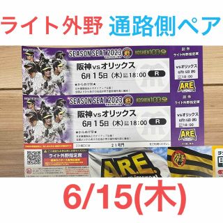 ハンシンタイガース(阪神タイガース)の阪神タイガース　6/15(木)甲子園通路側２席連番オリックス戦　ライト外野ペア(野球)