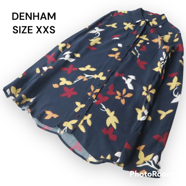 【美品】DENHAM デンハム 総柄 レーヨン 長袖シャツ ネイビー XXS