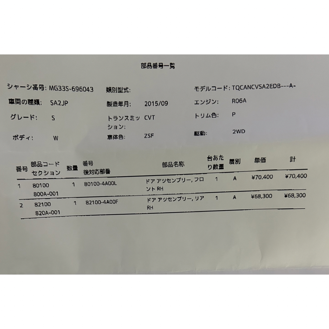 スズキMRワゴン 日産モコ 右側ドア2枚セット