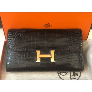 エルメス(Hermes)の美品☆エルメス　コンスタンス　長財布　クロコ　アリゲーター　黒　バイカラー(長財布)