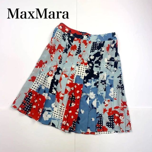 シルク✨MaxMara マックスマーラ 花柄プリーツスカート 膝丈 36  水色