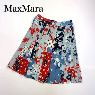 マックスマーラ(Max Mara)のシルク✨MaxMara マックスマーラ 花柄プリーツスカート 膝丈 36  水色(ひざ丈スカート)