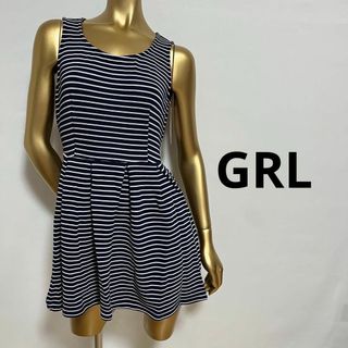 グレイル(GRL)の【2498】GRL ボーダー フレア ワンピース L ネイビー(ミニワンピース)