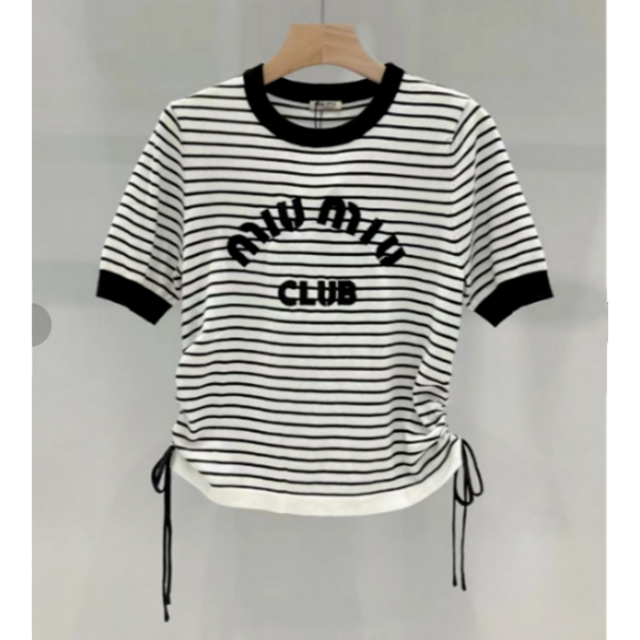 MiuMiu ボーダー ロゴ コットン Tシャツ