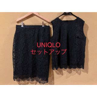 ユニクロ(UNIQLO)のUNIQLOレースセットアップ　ネイビー(シャツ/ブラウス(半袖/袖なし))