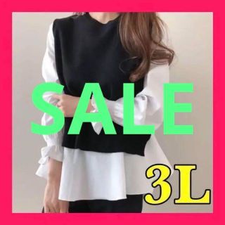 SALE★ニットベスト×シャツ  2点セット フリル袖　大きいサイズ　3L(シャツ/ブラウス(長袖/七分))