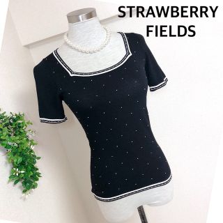 ストロベリーフィールズ(STRAWBERRY-FIELDS)のストロベリーフィールズの黒のスクエアネック半袖トップス(ニット/セーター)