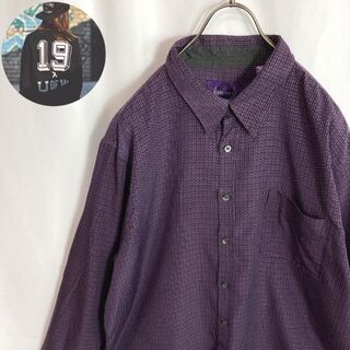 レトロ古着 ポリシャツ長袖 刺繍チェック柄 紫色パープル シンプル 光沢感 XL(シャツ)