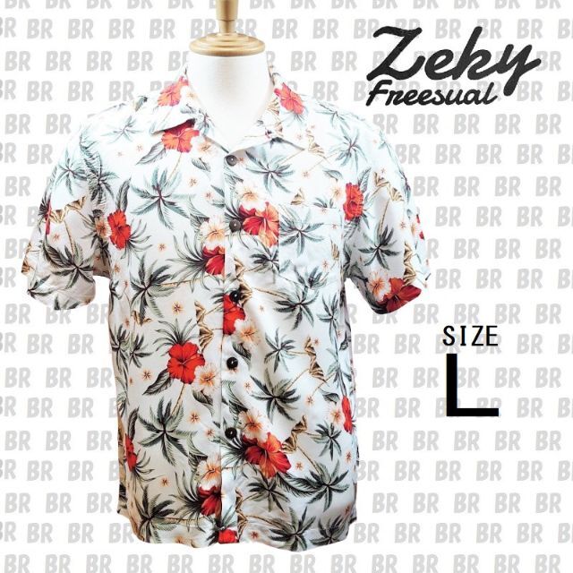 新品　【Zeky】　Ｌ　ホワイト　ヤシの木・ハイビスカス　アロハシャツ メンズのトップス(シャツ)の商品写真