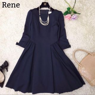 ルネ(René)のRene☆ルネ☆ひざ丈ワンピース34 七分袖 リボン フレア  ネイビー S(ひざ丈ワンピース)