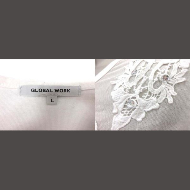 GLOBAL WORK(グローバルワーク)のGLOBAL WORK カットソー ニット 切替 ビジュー レース 半袖 L 白 レディースのトップス(カットソー(半袖/袖なし))の商品写真