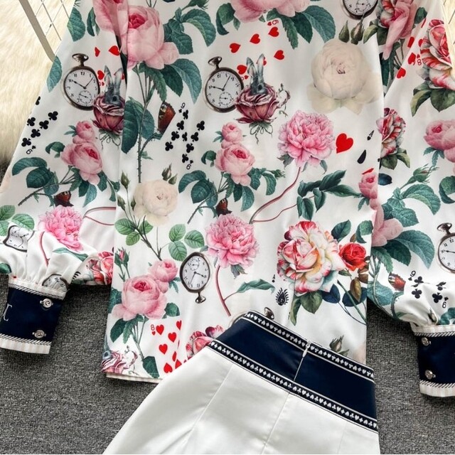 M プリント 花柄 セットアップ 長袖シャツ スーツ リボン №250の通販