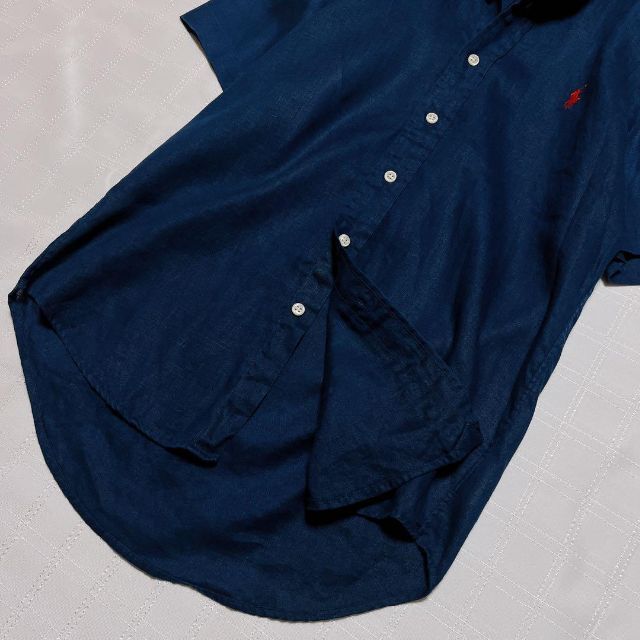 POLO RALPH LAUREN(ポロラルフローレン)のネイビー　現行タグ　半袖リネンシャツ　POLO RALPH LAUREN　麻 レディースのトップス(シャツ/ブラウス(半袖/袖なし))の商品写真