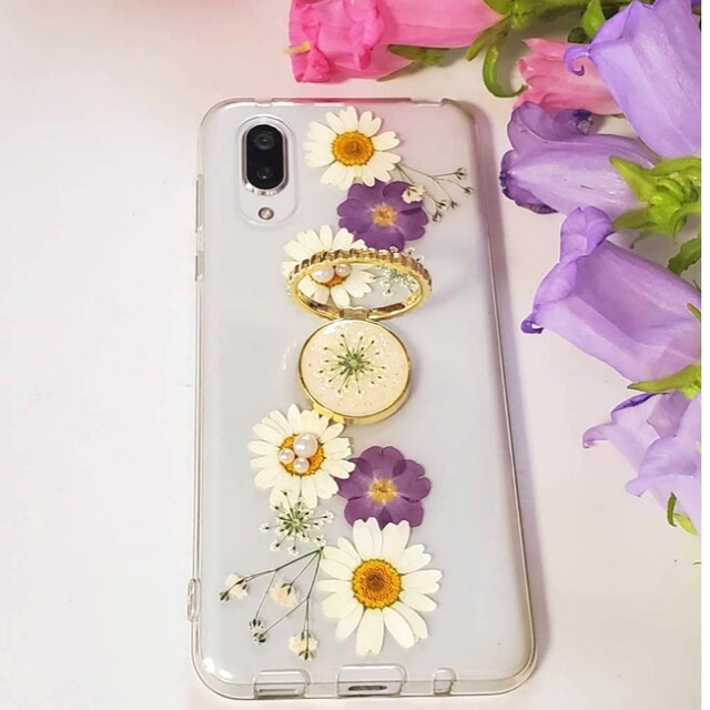 木造 押し花4種 リング付 スマホケース iPhoneケース ハンドメイド