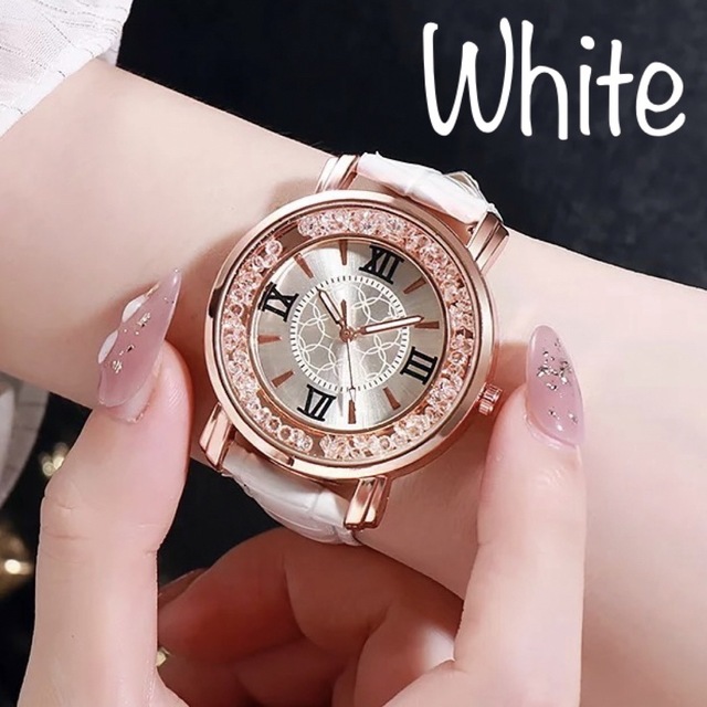 新品 レディース腕時計  ローマ数字　丸い　スワロフスキー　キラキラ［ホワイト］ レディースのファッション小物(腕時計)の商品写真