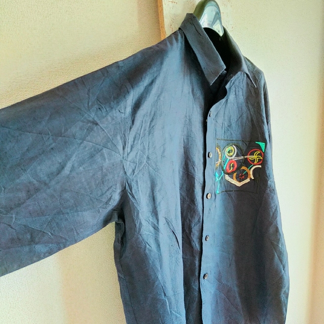 GOOUCH グーチ　デッドストック　長袖　刺繍　ネイビー リネンシャツ　M 4