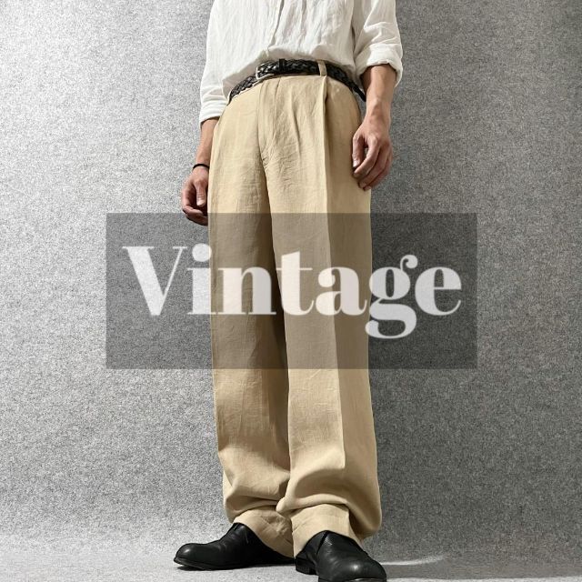 【vintage】リネン 2タック ワイド スラックス ダブル ベージュ W36
