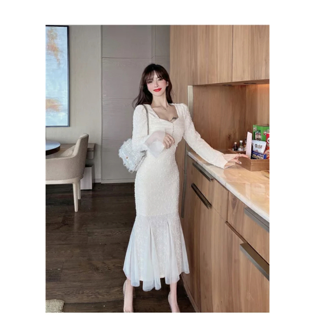 マーメイドワンピース　ロング丈ワンピース　上品　韓国ドレス