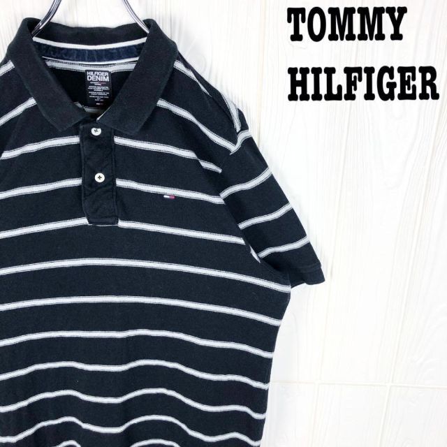 トミーヒルフィガー 半袖ポロシャツ ボーダー ゆるだぼ 刺繍ワンポイント 胸ロゴ-