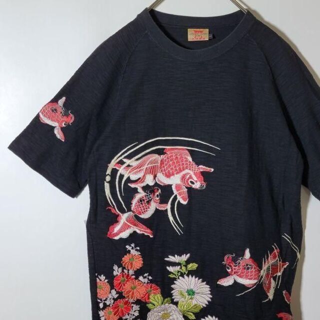 【レア】花旅楽団 金魚 花 フル刺繍 和柄 半袖Tシャツ 黒 Lサイズ 高級刺繍