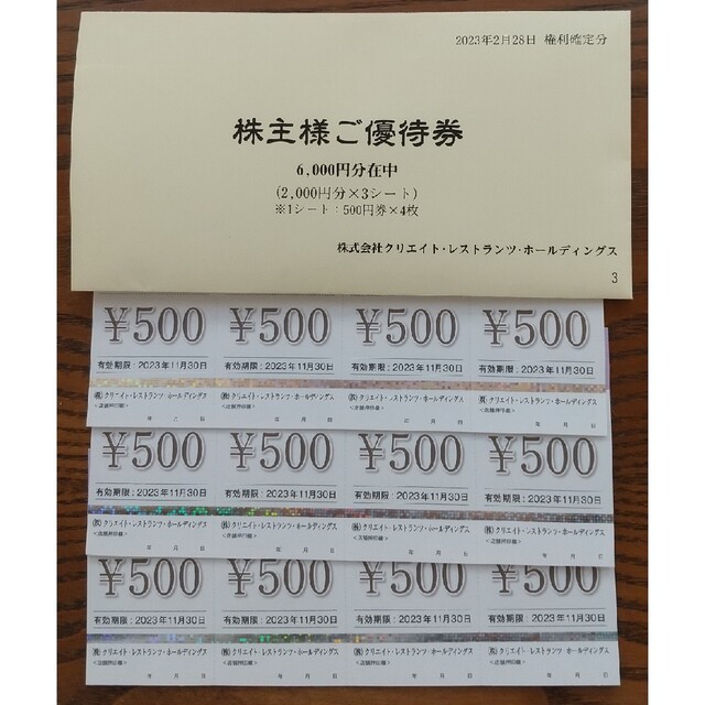 6000円分 クリエイト・レストランツ株主優待券 クリレス - 通販