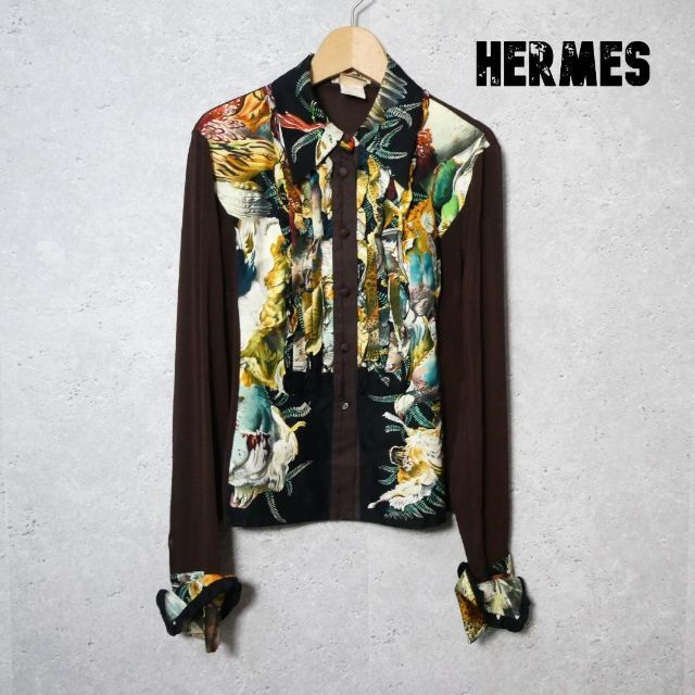 HERMES ボタニカル柄 シルク ストレッチ シフォン シャツ ブラウス