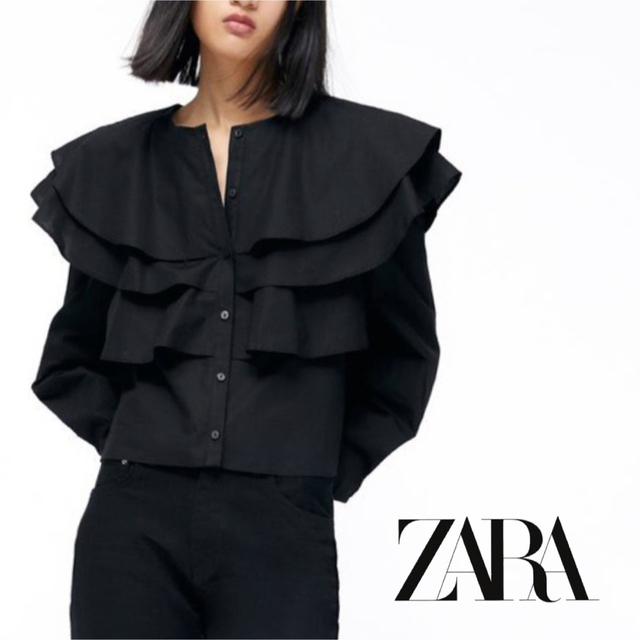 ZARA(ザラ)の【ZARA】フリル付きポプリンシャツ レディースのトップス(シャツ/ブラウス(長袖/七分))の商品写真