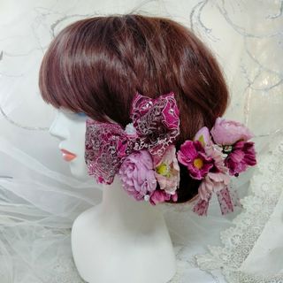 髪飾り☆ワインチユールレースに薔薇とアネモネ(ヘアアクセサリー)