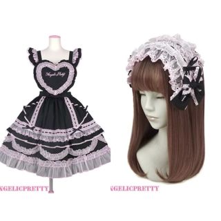 アンジェリックプリティー(Angelic Pretty)のangelic pretty heart胸あてスカートとカチューシャクロ(ひざ丈スカート)