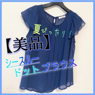 エージーバイアクアガール(AG by aquagirl)のサラサラ【美品】ドットブラウス　シースルー　VIS オフィス　仕事　ネイビー　紺(シャツ/ブラウス(半袖/袖なし))