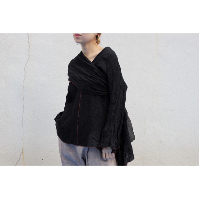 フミカウチダ　STRIPE SILK LINEN TIE BLOUSE