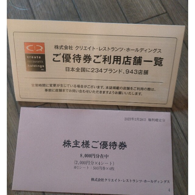 最新 クリエイト·レストランツ 株主優待 8000円分 - レストラン/食事券