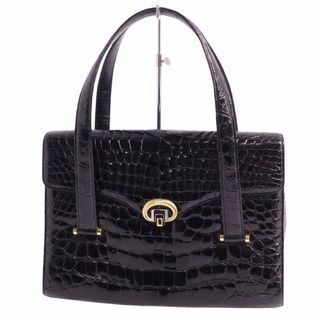 クロコダイル(Crocodile)の美品 JRA 三宝 SANPO クロコダイル CROCODILE バッグ トートバッグ ハンドバッグ ワニ革 シャイニークロコ ゴールド金具 カバン レディース ブラック(ハンドバッグ)