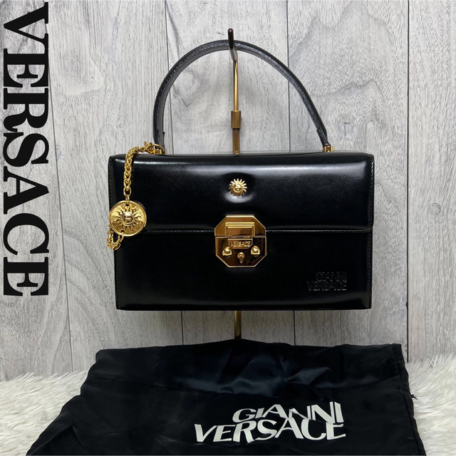 極 美品 保存袋付き VERSACE ヴェルサーチ サンバースト モチーフ 金具 レザー 本革 ハンドバッグ ミニ トートバッグ ブラック 30292