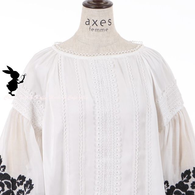 axes femme Nostalgie バルーン袖レースブラウス 白