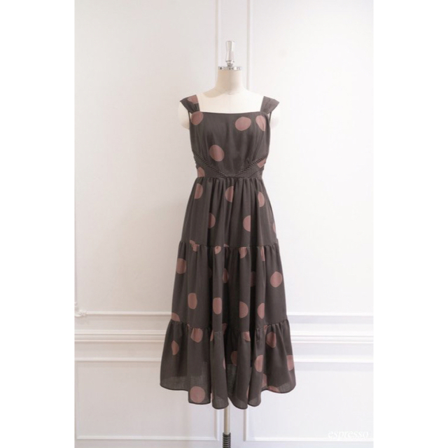 Polka Dot Side Bow Pleated Dress ブラウン