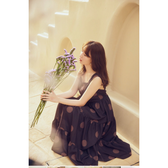 Polka Dot Side Bow Pleated Dress ブラウン