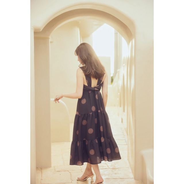 Polka Dot Side Bow Pleated Dress ブラウン - ロングワンピース ...