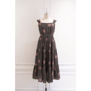 Polka Dot Side Bow Pleated Dress ブラウン(ロングワンピース/マキシワンピース)