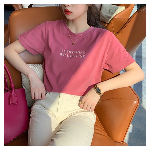 半袖Tシャツ レディース 英字柄 夏 韓国ファッション/ホットピンク/XL レディースのトップス(Tシャツ(半袖/袖なし))の商品写真