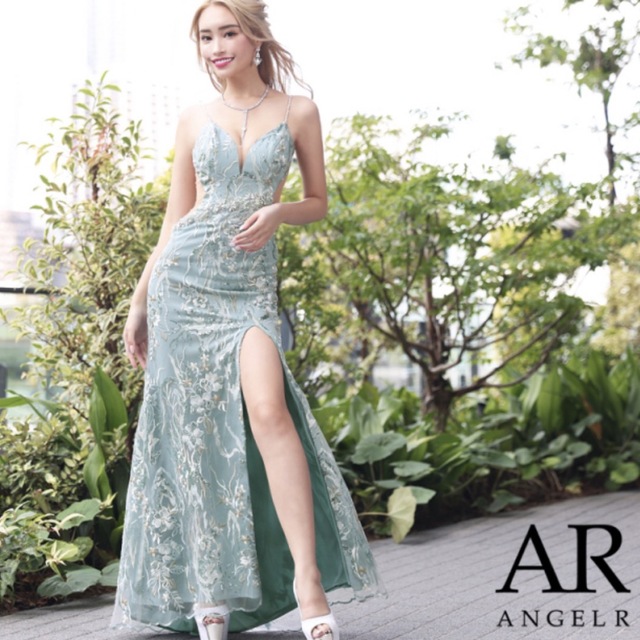 AR フラワー刺繍スパンコールロングドレス