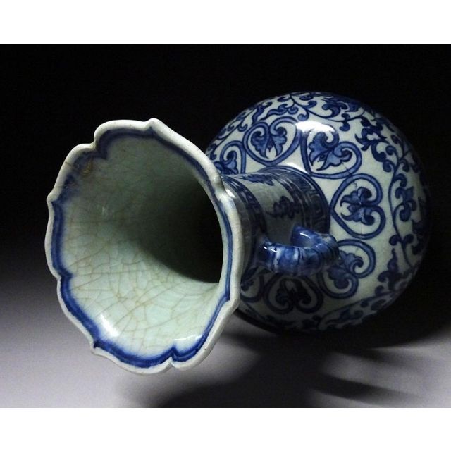 中国古玩 青花 染付唐草文 双耳大花瓶 高約38cm 唐物 時代物 c98429