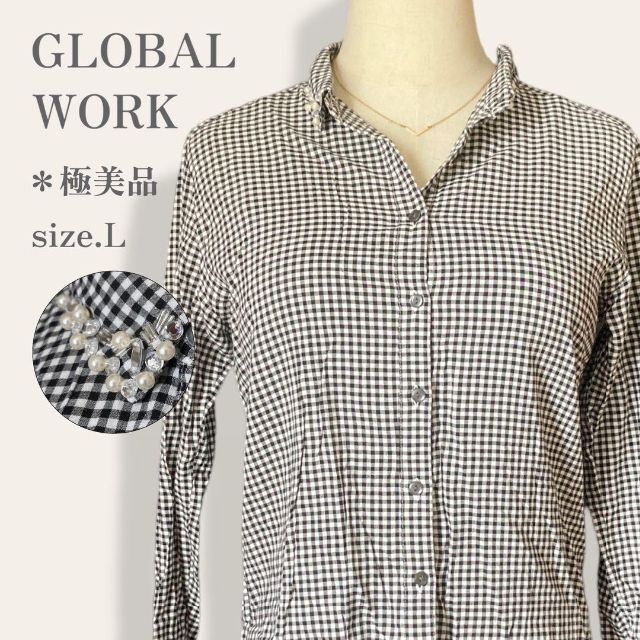 GLOBAL WORK(グローバルワーク)の【極美品◎】　GLOBAL WORK　ビジュー付きロングスリーブチェックシャツ レディースのトップス(シャツ/ブラウス(長袖/七分))の商品写真