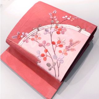 絽　名古屋帯　開き仕立て　ピンク　カラフル草花　夏帯　横絽　夏　袋名古屋帯(帯)