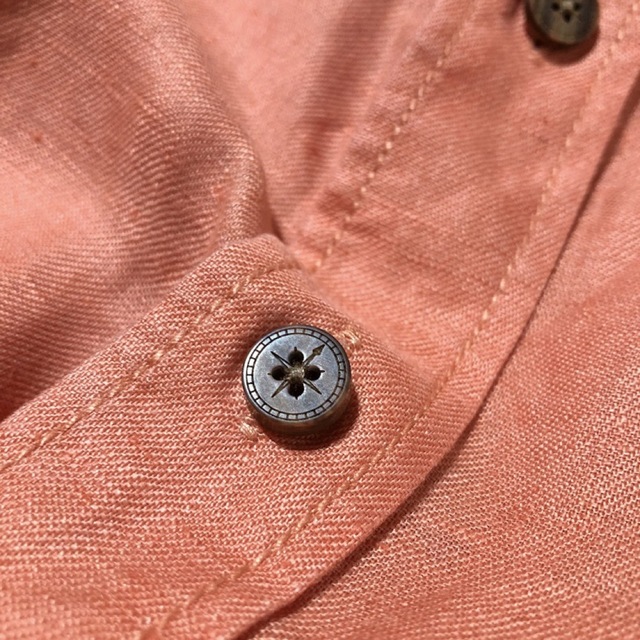 メンズ オレンジ ライン ステッチ 麻 リネンシャツ キューバシャツ 古着 半袖 メンズのトップス(シャツ)の商品写真
