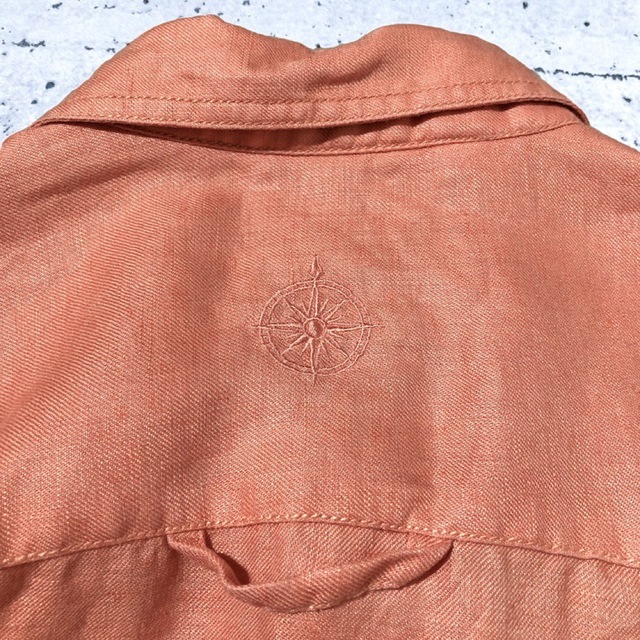 メンズ オレンジ ライン ステッチ 麻 リネンシャツ キューバシャツ 古着 半袖 メンズのトップス(シャツ)の商品写真