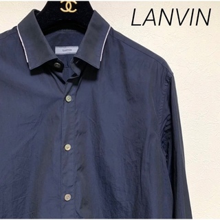 ランバン(LANVIN)の【良デザイン】LANVIN ドレスシャツ 光沢 ネイビー 美シルエット(シャツ)