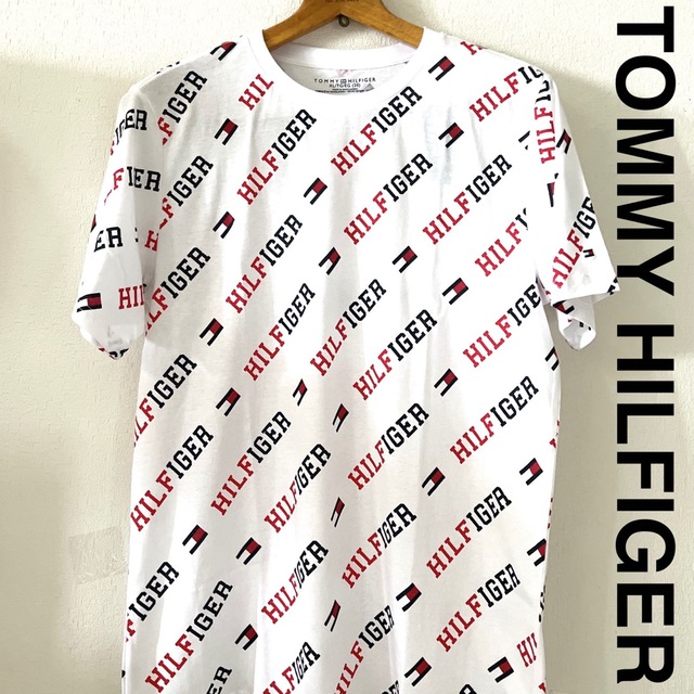 新品 トミーヒルフィガー ロゴ 半袖Tシャツ ホワイト総柄刺繍メンズ  ブランド