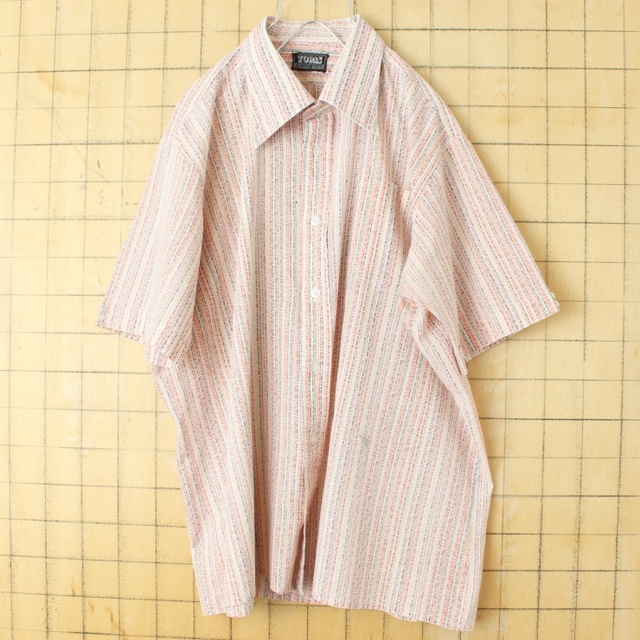 70s80s EURO TOPAS ストライプ シャツ Lレッド半袖 ss121